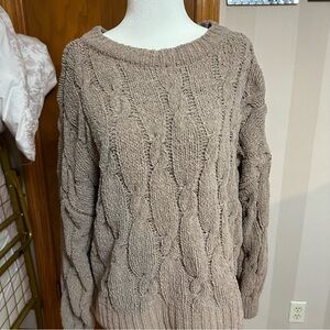 Pink Rose Taupe Cable Knit Crew Sweater
